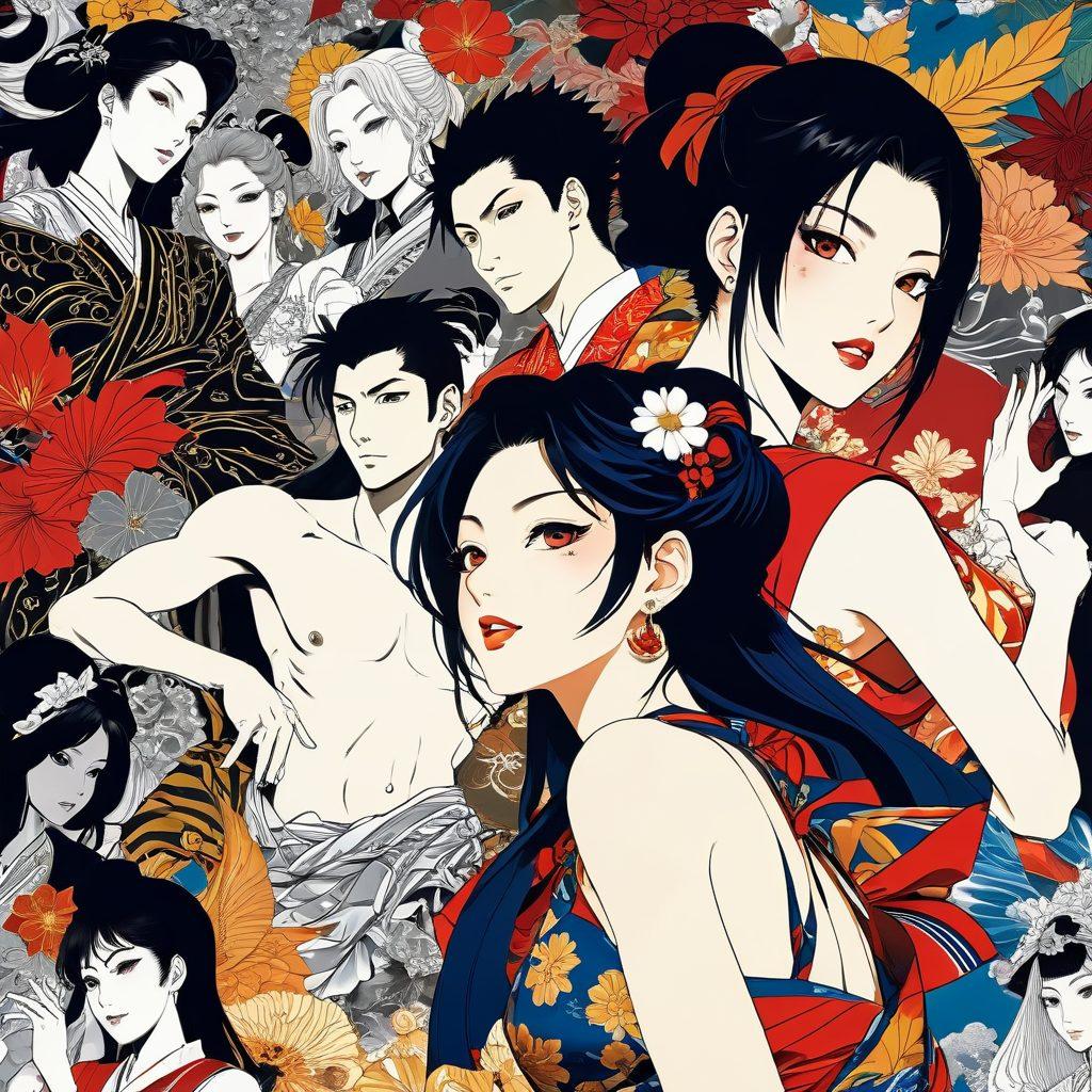 An intricate collage showcasing key scenes from iconic erotic manga and adult animation, blending characters in dynamic poses with cultural symbols from different eras. Highlight rich textures and deep colors to evoke emotion, with contrasting themes of sensuality and artistry. Incorporate elements like traditional Japanese motifs and modern urban aesthetics, creating a vibrant narrative in the background. express the fusion of cultures and media styles. super-realistic. vibrant colors. detailed illustration.